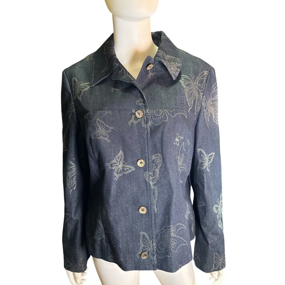 Bernard Zins Paris Womens Denim Jacket With Rhinestone Butterfly Design Sz 16